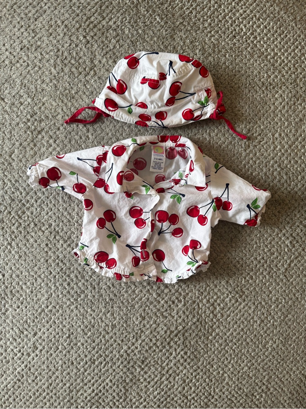 Vintage 2001 Kids Cherry Print Button-Up Shirt & Sun Hat - White Red